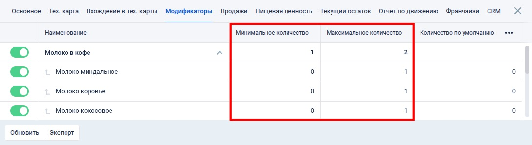 Настройка модификаторов для онлайн-меню